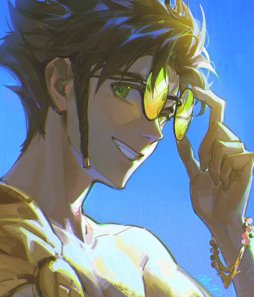 Anime picture 1286x1500 with fire emblem fire emblem: three houses fire emblem heroes nintendo claude von riegan alzi xiaomi single tall image looking at viewer fringe short hair smile brown hair green eyes signed braid (braids) grin side braid face adjusting sunglasses