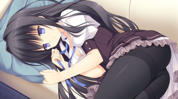 Anime picture 1280x720 with sora tobu hitsuji to manatsu no hana fujigasaki mea takano yuki (allegro mistic) long hair blue eyes light erotic black hair wide image game cg lying girl dress uniform school uniform pantyhose couch