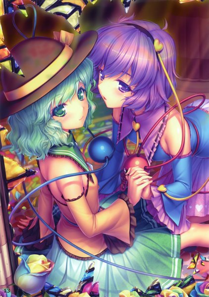 Anime picture 2136x3034 with touhou komeiji koishi komeiji satori sayori tall image highres short hair purple eyes multiple girls green eyes purple hair green hair holding hands girl 2 girls hat