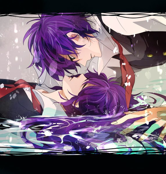 Anime picture 1315x1381 with d.gray-man neah walker mana walker kasiwamotii long hair tall image short hair purple hair lying eyes closed profile black eyes multiple boys grey eyes tears partially submerged face to face crying top-down bottom-up boy