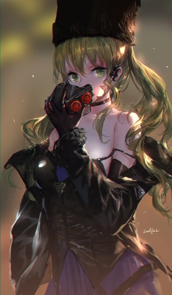 Anime picture 1034x1772 with code vein mia karnstein swd3e2 single long hair tall image looking at viewer fringe breasts hair between eyes standing twintails bare shoulders holding green eyes signed green hair off shoulder open jacket strap slip