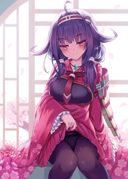 Anime picture 965x1350 with kantai collection taigei light aircraft carrier ryuuhou seaplane tender shimokirin single long hair tall image looking at viewer blush light erotic red eyes sitting purple hair ahoge floral print dress lift girl dress underwear panties