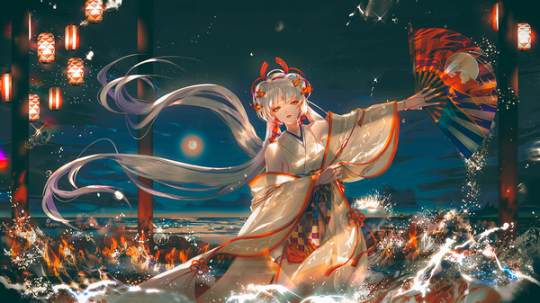 Anime picture 1280x720 with onmyoji shiranui (onmyoji) say hana single red eyes wide image standing twintails bare shoulders holding silver hair cloud (clouds) very long hair traditional clothes mole sparkle floating hair outstretched arm evening expressionless