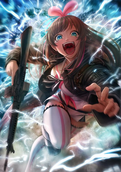Anime picture 1061x1500 with playerunknown's battlegrounds virtual youtuber a.i. channel kizuna ai imizu (nitro unknown) single long hair tall image looking at viewer open mouth brown hair holding pink hair multicolored hair aqua eyes open jacket two-tone hair teeth streaked hair tears