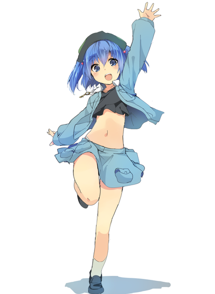 Anime picture 724x989 with touhou kawashiro nitori hasebe yuusaku single tall image looking at viewer blush short hair open mouth blue eyes simple background hair between eyes standing white background blue hair full body bent knee (knees) arm up midriff two side up