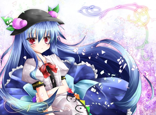 Anime picture 1214x902 with touhou hinanawi tenshi nemokochi (artist) single long hair blush red eyes blue hair girl hat petals