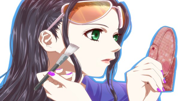 Anime picture 1280x720 with one piece toei animation nico robin komomo1214 single long hair open mouth black hair simple background wide image white background green eyes looking away nail polish girl glasses sunglasses mirror makeup brush
