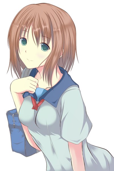 Anime picture 1733x2590 with original h@lki (sirakawa-haru) single tall image looking at viewer highres short hair simple background brown hair white background green eyes girl uniform school uniform