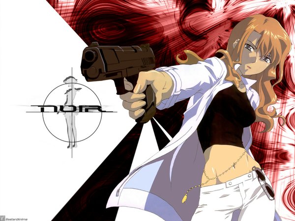 Anime-Bild 1024x768 mit noir mireille bouquet kikuchi youko single long hair looking at viewer fringe hair between eyes brown hair signed midriff grey eyes wallpaper copyright name third-party edit sunglasses removed girl navel weapon gun