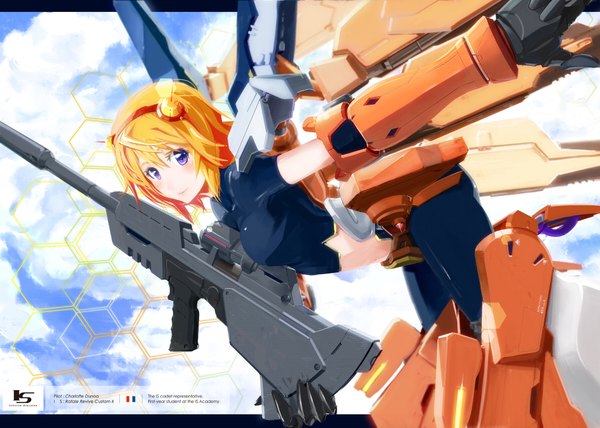 Anime picture 2000x1429 with infinite stratos 8bit charles dunois pmpmpm highres short hair purple eyes orange hair mechanical girl weapon gun