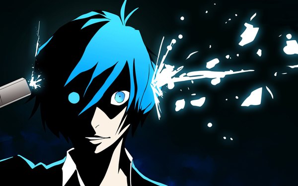 Anime picture 1920x1200 with persona 3 persona arisato minato single highres short hair blue eyes smile wide image blue hair shot boy weapon gun evoker