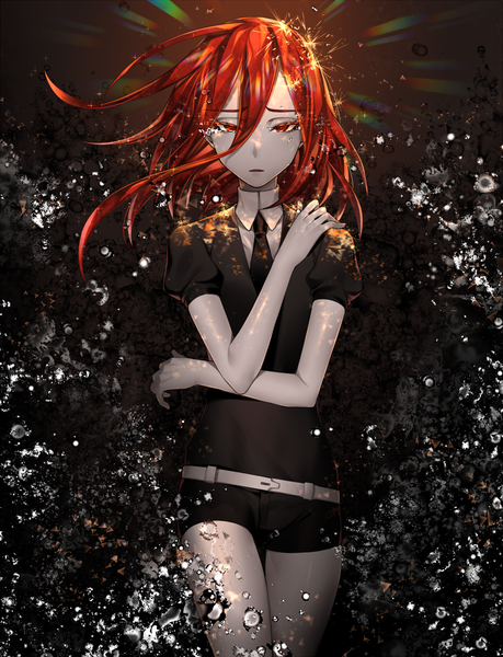 Anime picture 1500x1961 with houseki no kuni cinnabar (houseki no kuni) cao hong anh single long hair tall image looking at viewer red eyes red hair wind puffy sleeves tears black background androgynous hand on shoulder necktie belt mercury