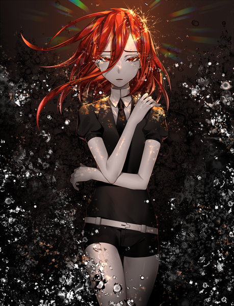 Anime-Bild 1500x1961 mit houseki no kuni cinnabar (houseki no kuni) cao hong anh single long hair tall image looking at viewer red eyes red hair wind puffy sleeves tears black background androgynous hand on shoulder necktie belt mercury