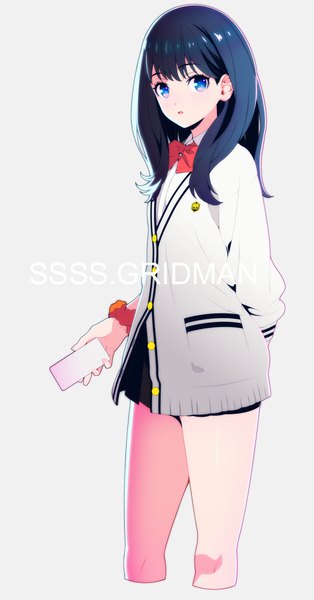 Anime picture 508x969 with gridman universe ssss.gridman studio trigger takarada rikka 8055 single long hair tall image looking at viewer blush fringe open mouth blue eyes black hair simple background standing holding pleated skirt grey background :o