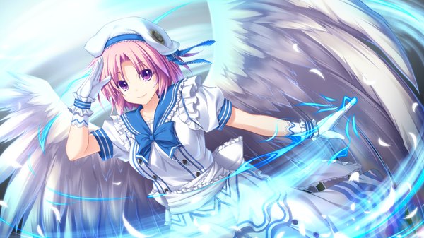 Anime picture 1280x720 with tenbin no la dea eushully single looking at viewer short hair wide image purple eyes pink hair game cg girl dress gloves petals wings beret