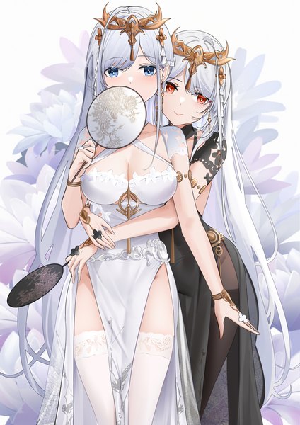 Anime picture 4120x5824 with azur lane emden (azur lane) emden (moonsilver union) (azur lane) qing wu long hair tall image looking at viewer blush fringe highres breasts blue eyes light erotic red eyes large breasts standing multiple girls holding absurdres cleavage