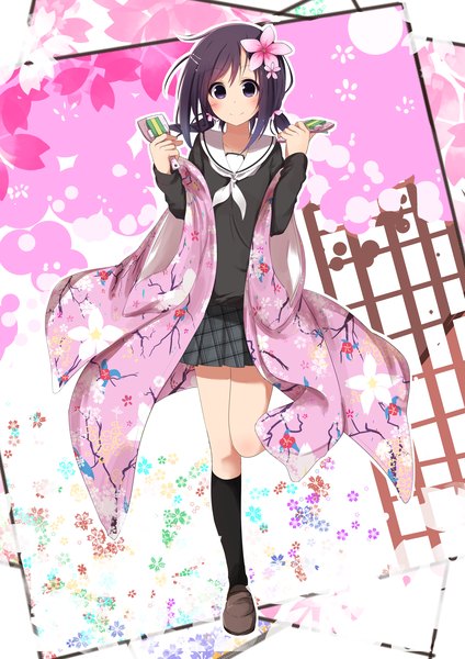 Anime picture 1414x2000 with hanayamata madhouse sekiya naru sasahara wakaba single tall image blush short hair black hair smile purple eyes hair flower girl skirt uniform hair ornament flower (flowers) school uniform socks black socks