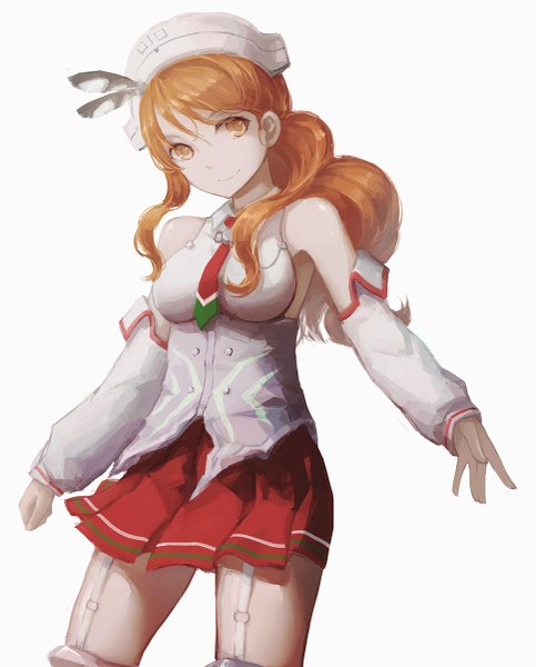 Anime picture 967x1200 with kantai collection littorio (kantai collection) labombardier! single long hair tall image simple background smile white background bare shoulders brown eyes looking away wind orange hair girl thighhighs skirt detached sleeves headdress garter straps