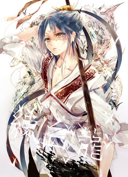Anime picture 1200x1650 with magi the labyrinth of magic a-1 pictures ren hakuryuu japu (pu san love) tall image looking at viewer short hair open mouth black hair traditional clothes mole grey eyes chinese clothes arms behind head mole under mouth serious hair ornament ribbon (ribbons) hair ribbon rukh (magi)