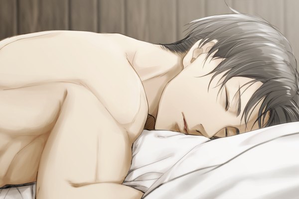Anime picture 1200x800 with shingeki no kyojin production i.g levi (rivaille) ichi-be single short hair light erotic black hair indoors eyes closed topless sleeping muscle boy pillow