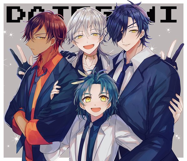 Anime picture 1000x863 with touken ranbu nitroplus tsurumaru kuninaga ookurikara shokudaikiri mitsutada taikogane sadamune abandon ranka long hair fringe short hair open mouth hair between eyes brown hair yellow eyes blue hair silver hair :d profile grey background multiple boys