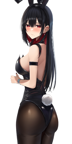 Anime picture 2000x4000 with original amane sora single long hair tall image looking at viewer blush fringe highres breasts light erotic black hair simple background hair between eyes red eyes large breasts standing white background animal ears ass