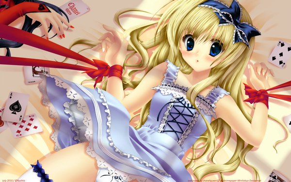 Anime picture 1920x1200 with alice in wonderland alice (wonderland) chanelqueen17 long hair blush highres blue eyes light erotic blonde hair wide image lying nail polish pantyshot bound hands girl dress ribbon (ribbons) hairband card (cards)