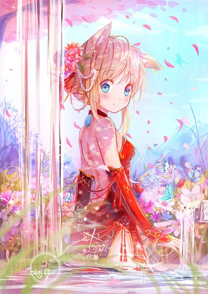 Anime picture 1204x1700 with original peas (peas0125) single tall image looking at viewer blush short hair blue eyes blonde hair bare shoulders signed animal ears payot sky ahoge upper body long sleeves looking back hair flower light smile