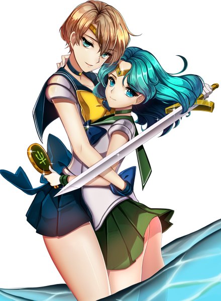 Anime picture 2400x3270 with bishoujo senshi sailor moon toei animation sailor neptune sailor uranus primcoco (jooarose) long hair tall image highres short hair blonde hair smile standing white background multiple girls green eyes pleated skirt aqua eyes light smile aqua hair couple