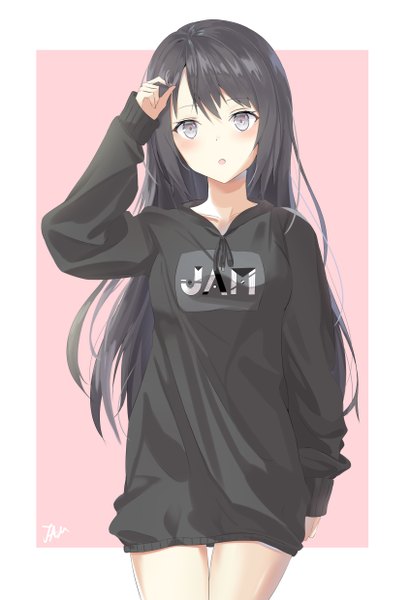 Anime picture 3384x4957 with original jmin jenmin12 single long hair tall image looking at viewer blush fringe highres breasts open mouth black hair simple background hair between eyes standing signed absurdres long sleeves head tilt