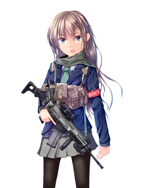Anime picture 2062x2660 with original dreadtie single long hair tall image highres open mouth blue eyes simple background brown hair white background girl skirt uniform weapon school uniform pantyhose gun assault rifle