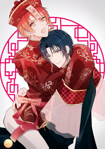 Anime picture 1436x2047 with idolish 7 nanase riku izumi iori nozomi jeweljam tall image looking at viewer fringe short hair open mouth black hair simple background hair between eyes red eyes white background sitting red hair traditional clothes light smile wide sleeves multiple boys