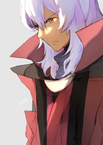 Anime picture 642x900 with mobile suit gundam gundam age sunrise (studio) zeheart galette momoza r single long hair tall image fringe simple background hair between eyes yellow eyes looking away purple hair upper body grey background boy