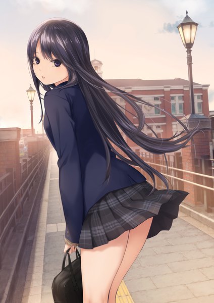 Anime picture 1447x2046 with original shiramine rika coffee-kizoku single long hair tall image looking at viewer fringe open mouth light erotic black hair standing purple eyes holding sky outdoors long sleeves wind turning head plaid skirt