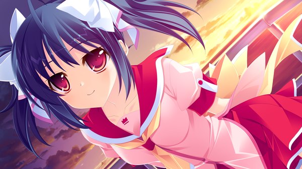 Anime picture 1280x720 with amakan (game) long hair black hair smile red eyes wide image twintails game cg loli evening sunset girl uniform bow hair bow school uniform