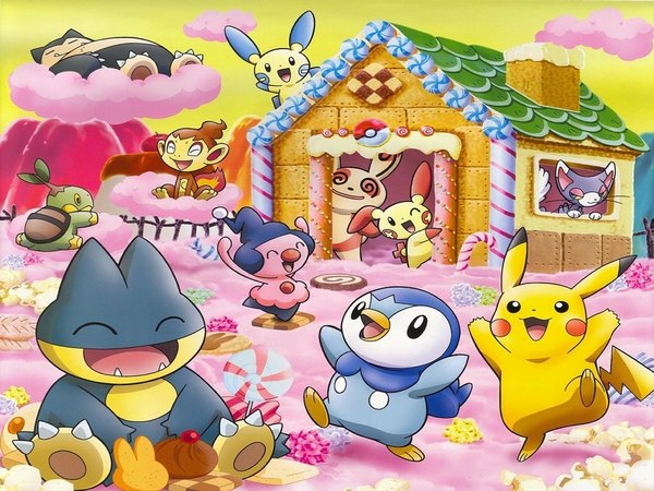 Anime picture 1024x768 with pokemon nintendo pikachu piplup turtwig snorlax chimchar minun plusle mime jr. glameow munchlax spinda cloud (clouds) happy group sleeping gen 1 pokemon gen 4 pokemon gen 3 pokemon
