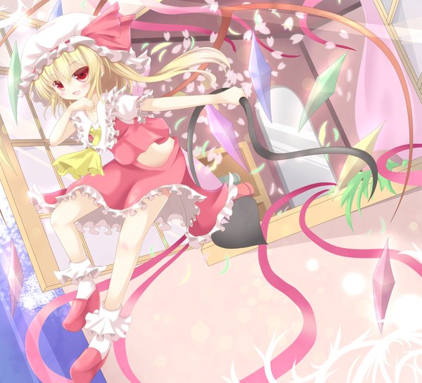 Anime picture 1793x1630 with touhou flandre scarlet aibumi single blush highres short hair open mouth blonde hair red eyes girl skirt weapon petals wings frills bonnet skirt set crystal ascot