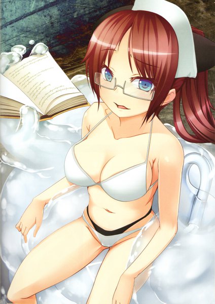 Anime picture 4106x5811 with genkai tokki monster monpiece homunculus (genkai tokki monster monpiece) sakushima hitsuji single long hair tall image highres breasts blue eyes light erotic brown hair large breasts sitting looking away absurdres ponytail from above sideboob girl navel