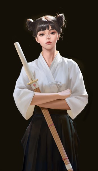 Anime picture 1920x3313 with original ting334_1 single tall image looking at viewer fringe highres short hair simple background brown hair standing holding brown eyes blunt bangs traditional clothes japanese clothes lips realistic hair bun (hair buns) black background
