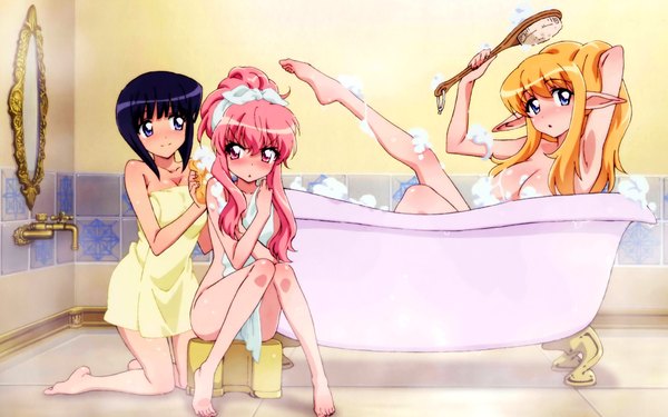 Anime picture 1920x1200 with zero no tsukaima j.c. staff louise francoise le blanc de la valliere siesta tiffania westwood highres light erotic wide image covering naked towel nude cover towel bath