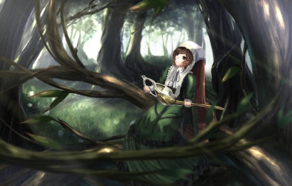 Anime picture 1200x767 with rozen maiden suiseiseki kikivi single long hair blush sitting holding looking away sunlight heterochromia drill hair nature girl dress hair ornament ribbon (ribbons) plant (plants) tree (trees) bonnet