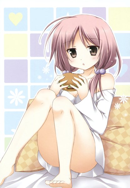 Anime picture 1597x2311 with alice or alice ruha (alice or alice) korie riko single long hair tall image blush breasts light erotic sitting bare shoulders holding brown eyes looking away pink hair cleavage bent knee (knees) barefoot off shoulder :o