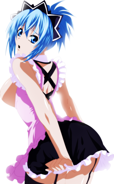 Anime picture 892x1432 with kampfer senou natsuru schwarrtz single tall image short hair open mouth blue eyes light erotic simple background white background blue hair looking back :o maid coloring girl thighhighs black thighhighs headdress