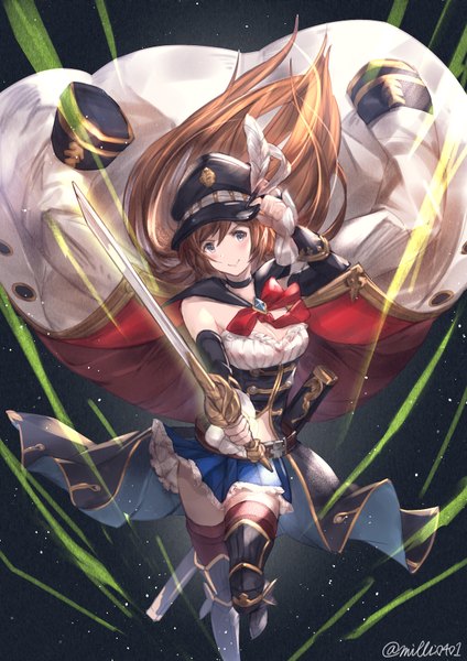 Anime picture 1280x1810 with granblue fantasy lecia (granblue fantasy) milli little single long hair tall image looking at viewer blush fringe smile hair between eyes brown hair standing holding signed payot cleavage full body bent knee (knees) head tilt