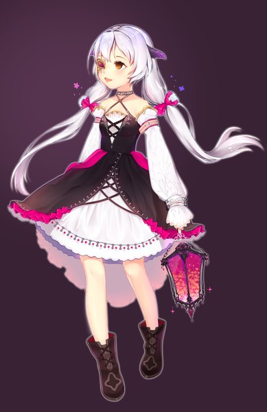 Anime picture 1077x1660 with original hoshi usagi single long hair tall image twintails bare shoulders brown eyes white hair horn (horns) girl dress detached sleeves boots eyepatch
