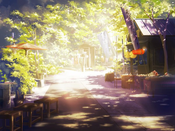 Anime picture 2000x1500 with asano moi highres sunlight shadow city cityscape no people landscape plant (plants) tree (trees) building (buildings) umbrella lantern bench house bridge road