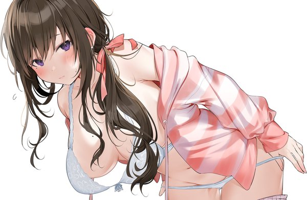 Anime picture 2048x1333 with original xretakex single long hair looking at viewer blush fringe highres breasts light erotic simple background brown hair large breasts standing white background purple eyes payot off shoulder mole open jacket