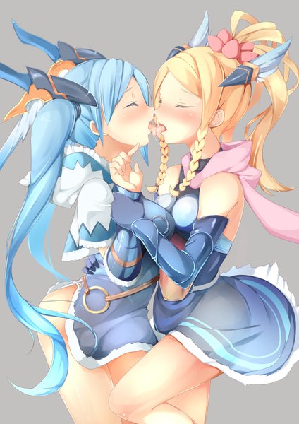 Anime picture 2480x3508 with puzzle & dragons idun&idunna byte (allbyte) shizuka (deatennsi) long hair tall image blush highres light erotic simple background blonde hair bare shoulders multiple girls blue hair ponytail braid (braids) eyes closed grey background hug twin braids