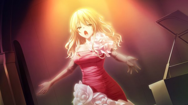 Anime picture 1280x720 with morobito kozorite (game) long hair open mouth blonde hair wide image green eyes game cg girl dress gloves elbow gloves