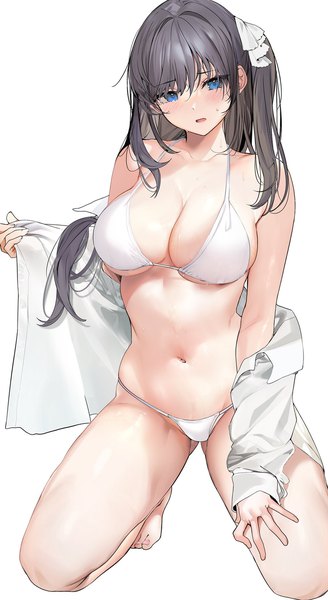 Anime picture 1120x2048 with original marushin (denwa0214) single long hair tall image blush fringe breasts open mouth blue eyes light erotic black hair simple background hair between eyes large breasts white background cleavage bent knee (knees) head tilt fingernails